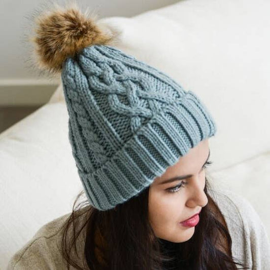 Hat- Cable Knit Beanie With Faux Fur Pom, Mint